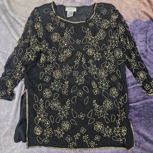 Papell Boutique Black Evening Tunic with Gold Beaded Embroidery